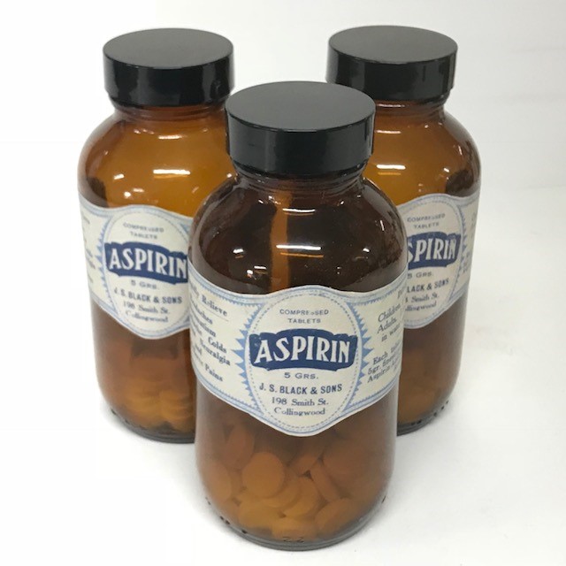 BOTTLE, Medical Brown Glass 15cmH - Aspirin Label